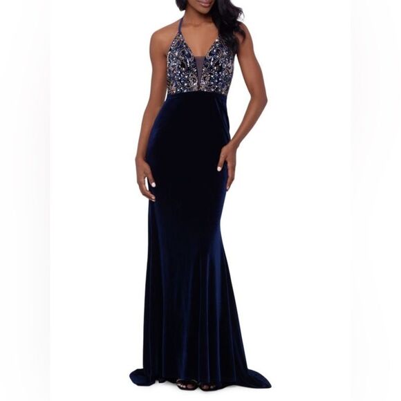 NWOT Betsy & Adam | Velvet Navy Embellished Strappy Evening Gown 4 - Picture 2 of 11